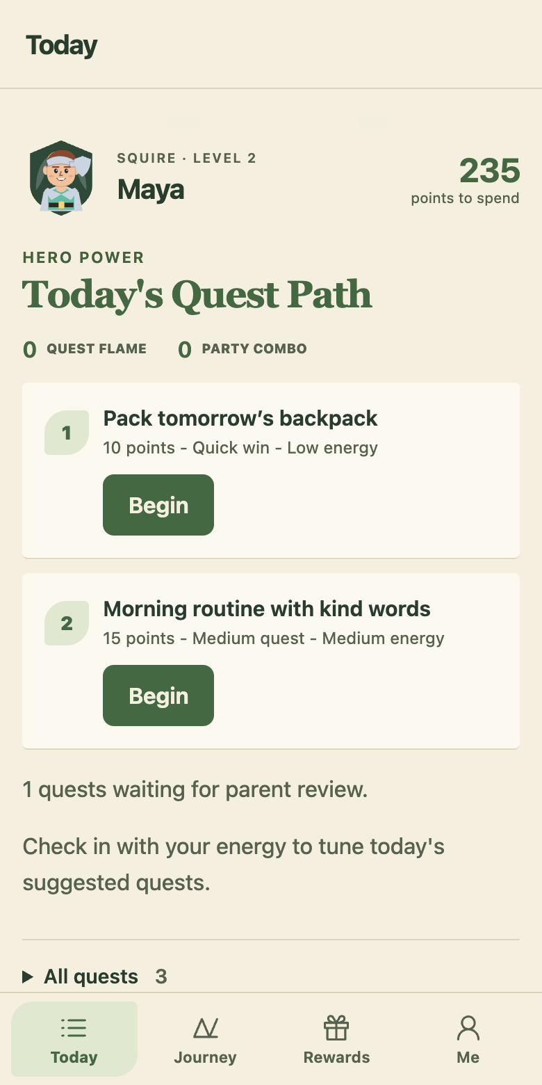 Supporting child view showing today’s tasks and adventure progress