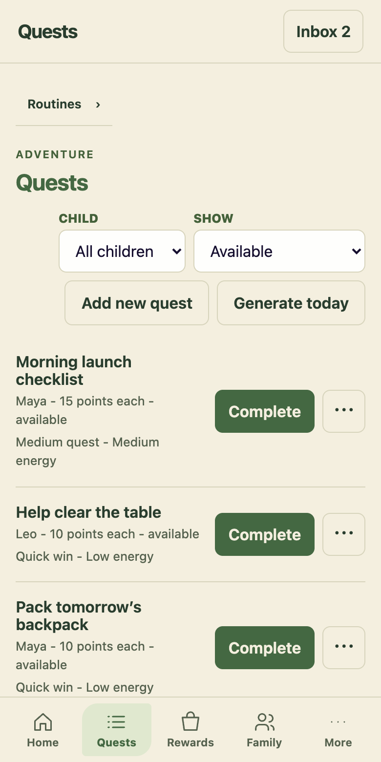 Parent Quests showing assigned tasks, points, and review controls
