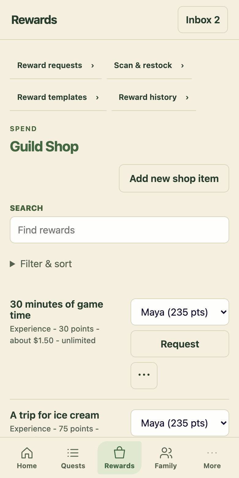 Parent Rewards showing family rewards, point costs, child selection, and request controls